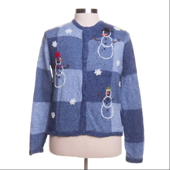 Breckenridge Snowman Cardigan Womens Size Large Vintage Blue Applique Sweater - Picture 1 of 11